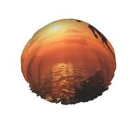 Sea Sunset Flying Dragon Shower Caps for Women Reusable Waterproof Shower Cap with Elastic Strap Bath Hair Hat Double Layers Thick Bath Caps for Spa Salon Travel