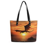 Sea Sunset Flying Dragon Tote Bag Large Soft Leather Purse with Zipper Lightweight Ladies Shoulder Handbag