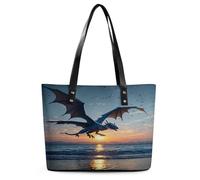 Sea Sunset Flying Dragon Tote Bag Large Soft Leather Purse with Zipper Lightweight Ladies Shoulder Handbag