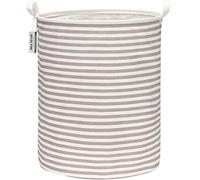 Sea Team 19.7 Inch Large Sized Waterproof Coating Ramie Cotton Fabric Folding Laundry Hamper Bucket Cylindric Burlap Canvas Storage Basket with Stylish Grey Stripe Design