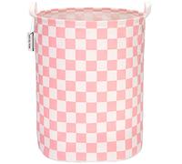Sea Team 19.7 Inch Large Sized Waterproof Coating Ramie Cotton Fabric Folding Laundry Hamper Bucket Cylindric Burlap Canvas Storage Basket with Stylish Grid Pink Design