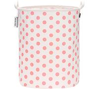 Sea Team 19.7 Inch Large Sized Waterproof Coating Ramie Cotton Fabric Folding Laundry Hamper Bucket Cylindric Burlap Canvas Storage Basket with Stylish Pink Dot Design