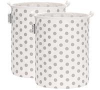 Sea Team 19.7 Inch Large Sized Waterproof Coating Ramie Cotton Fabric Folding Laundry Hamper Bucket Cylindric Burlap Canvas Storage Basket with Stylish Grey Dot Design 2PCS