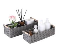 Sea Team 2 Pack Paper Rope Storage Baskets, Large & Small Woven Toilet Paper Organiser with Wooden Handles, Decorative Basket for Bathroom, Living Room, Bedroom & Shelves, Grey