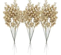 Sea Team 24-Pack Artificial Glitter Holly Berry Twig Ornaments, Decorative Fruit Sticks, Glittery Stems, Picks, Branches for Christmas Tree, Small Vase, Holiday, Wedding, Party, 11-inch, Gold