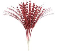 Sea Team 24-Pack Decorative Christmas Tree Branches, Fluffy Glittery Bead Twigs, Tree Toppers, Vase Fillers, Stems, Picks for Christmas Tree, Wreath, Garland, 16.5-Inch, Red