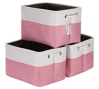 Sea Team 3-Pack Large Storage Basket Set, Trunk Organizer, Clothes Toys Bin, 15 x 10 x 10 Inches, Big Rectangular Canvas Fabric Collapsible Shelf Box with Handles for Kids Room (Pink/White)