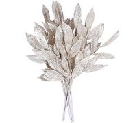 Sea Team 6-Pack Artificial Glitter Leaf Ornaments, Decorative Sticks, Glittery Twigs, Stems, Picks, Branches for Christmas Tree, Wreath, Vase Fillers for Centerpieces, Home Décor, Champagne