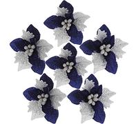 Sea Team 6-Pack Artificial Glitter Poinsettia Christmas Flower Ornaments Tree Decorations, 10-inch, Blue & Silver