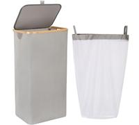 Sea Team 90L Extra Large Capacity Laundry Hamper with Lid, Removable Bag & Bamboo Handles, Foldable Dirty Clothes Bin for Family, Laundry Room, Bedroom & Closet, Grey