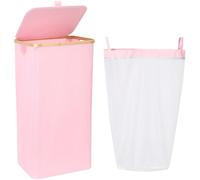 Sea Team 90L Extra Large Capacity Laundry Hamper with Lid, Removable Bag & Bamboo Handles, Foldable Dirty Clothes Bin for Family, Laundry Room, Bedroom & Closet, Pink