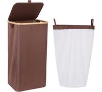 Sea Team 90L Extra Large Capacity Laundry Hamper with Lid, Removable Bag & Bamboo Handles, Foldable Dirty Clothes Bin for Family, Laundry Room, Bedroom & Closet, Brown