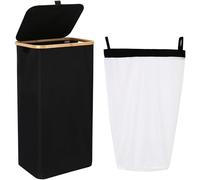Sea Team 90L Extra Large Capacity Laundry Hamper with Lid, Removable Bag & Bamboo Handles, Foldable Dirty Clothes Bin for Family, Laundry Room, Bedroom & Closet, Black