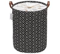 Sea Team Arrow Pattern Laundry Hamper Canvas Fabric Laundry Basket Collapsible Storage Bin with PU Leather Handles and Drawstring Closure, 19.7 by 15.7 inches, Waterproof Inner, Black