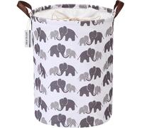 Sea Team Elephant Pattern Laundry Hamper Canvas Fabric Laundry Basket Collapsible Storage Bin with PU Leather Handles and Drawstring Closure, 17.7 by 13.8 inches, Waterproof Inner, Grey