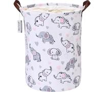 Sea Team Elephant Pattern Laundry Hamper Canvas Fabric Laundry Basket Collapsible Storage Bin with PU Leather Handles and Drawstring Closure, 17.7 by 13.8 inches, Waterproof Inner, Pink