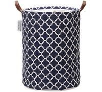 Sea Team Moroccan Lattice Pattern Laundry Hamper Canvas Fabric Laundry Basket Collapsible Storage Bin with PU Leather Handles and Drawstring Closure, 19.7 by 15.7 inches, Waterproof Inner, Dark Blue