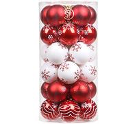 Sea Team Sparkly Coloured Painted Ornaments and Hanging Baubles Set for Christmas Tree, Plastic, Red and White, 60 mm, 2.36 30 Pieces
