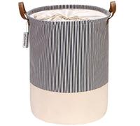 Sea Team Stripe Pattern Laundry Hamper Canvas Fabric Laundry Basket Collapsible Storage Bin with PU Leather Handles and Drawstring Closure, 17.7 by 13.8 inches, Waterproof Inner, Navy