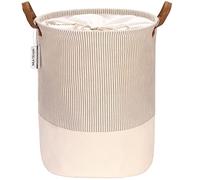 Sea Team Stripe Pattern Laundry Hamper Canvas Fabric Laundry Basket Collapsible Storage Bin with PU Leather Handles and Drawstring Closure, 17.7 by 13.8 inches, Waterproof Inner, Grey