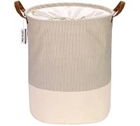 Sea Team Stripe Pattern Laundry Hamper Canvas Fabric Laundry Basket Collapsible Storage Bin with PU Leather Handles and Drawstring Closure, 19.7 by 15.7 inches, Waterproof Inner, Grey