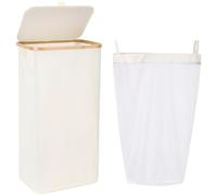 Sea Team White 90L Foldable Laundry Bin Bamboo Handles Removable Liner Lid