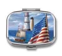 Sea to Shining Sea Patriotic Pill Case for Travel, Rectangle Metal Pill Organizer with 2 Compartments, Portable Daily Medicine Box for Purse, Wallet