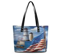 Sea To Shining Sea Patriotic Tote Bag Large Soft Leather Purse with Zipper Lightweight Ladies Shoulder Handbag