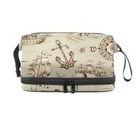 Sea Travel Adventure Sailboat and Pirates Double Layer Cosmetic Bag for Women and Girls, Travel Toiletry Bag Makeup Handy Pouch Organiser Bag with Brush Compartment