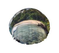 Sea_Tropical_Palm_Trees_Beach_Nature Print Shower Cap for Women Men, Reusable Double-Layer Fabric Bathing Cap Girls Hair Caps, 29 CM