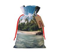 Sea_Tropical_Palm_Trees_Beach_Nature Printed Christmas Drawstring Bags,S | Reusable Xmas Gift Storage Bags, Red Christmas Ribbon