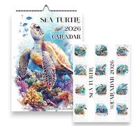 Sea Turtle 2026 Wall Calendar, A4 Size 21 x 29.7 cm, Monthly Ocean Theme with UK & US Holidays, Metal Binding, Turtle Calendar, Sea Animals 2026, Handmade, Reptile Calendars, Turles in sea