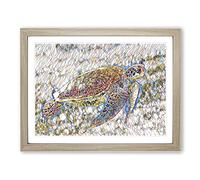 Sea Turtle 3 Modern BG Framed Print | A3 Oak Framed Wall Art | Ready to Hang | Modern Animal Picture | Living Room Bedroom Lounge Office