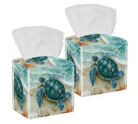 Sea Turtle and Ocean Wave Tissue Box Cover, 2 Pack PU Leather Square Facial Tissue Dispenser Box holder for Home Office Car