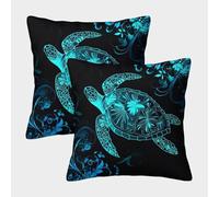 Sea Turtle Art-Blue Floral Design Pillow Covers 2 Pack Cozy Pillowcase Art Cushion Covers with Zipper Decor for Sofa Living Room Bed Home 50x50cm
