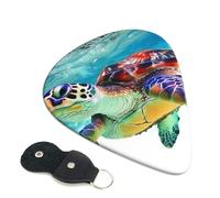 Sea Turtle Art Printed Guitar Picks, 6 Pack with Leather Keychain Pick Holder - 0.46mm, 0.71mm, 0.96mm Assorted Thickness for Acoustic Ukulele, Electric Guitar, Acoustic Guitar, Bass
