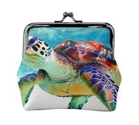 Sea Turtle Art Printed Kiss-lock Coin Purse Wallet - Leather Mini Change Pouch Holder for Men Women