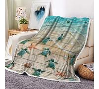 Sea Turtle Beach Throw Blanket, Turtles and Starfish at Ocean Sandy Beach on Rustic Vintage Teal Wood Board Farmhouse Fleece Flannel Blanket, Sea Creatures Nautical Life Soft Blanket 50"X60"