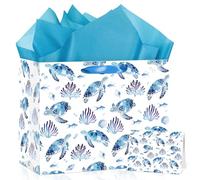 Sea Turtle Birthday Gift Bag with Wrapping Tissue Paper and Greeting Card Blue Ocean Theme Party Decorations Under the Sea Animal Gift Bag for Boys Girls Summer Hawaiian Party Decor Supplies