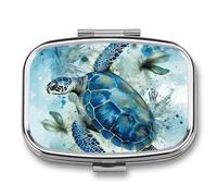 Sea Turtle-Blue Pill Box 2 Compartment - Small Metal Medicine Organizer Portable Pill Case for Purse Pocket Travel Vitamin Organizer for Men Women, BPA-Free