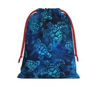 Sea Turtle-Blue Print Christmas Drawstring Gift Bags, Xmas Holiday Fabric Gift Wrapping Bag For Party, Size-L