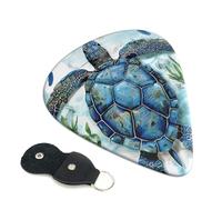 Sea Turtle-Blue Printed Guitar Picks, 6 Pack with Leather Keychain Pick Holder - 0.46mm, 0.71mm, 0.96mm Assorted Thickness for Acoustic Ukulele, Electric Guitar, Acoustic Guitar, Bass
