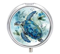 Sea Turtle-Blue Round Metal Pill Box, 3 Compartments Portable Pill Case Mini Medication Organizer Travel Medication Holder to Hold Vitamins, Medication, Fish Oil