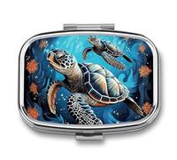 Sea Turtle Boho Style Pill Box 2 Compartment - Small Metal Medicine Organizer Portable Pill Case for Purse Pocket Travel Vitamin Organizer for Men Women, BPA-Free