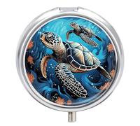 Sea Turtle Boho Style Pill Organizer 3 Compartments, Round Small Pill Box for Purse & Pocket, Portable Daily Medicine Box to Hold Vitamins, Supplements, Pills, Fish Oil