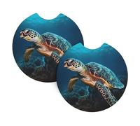 Sea Turtle Car Coasters for Cup Holders, 2 Pack Absorbent Car Cup Holder Coaster with Finger Notch 2.7 Inch Non-Slip Car Cup Pad Cute Car Accessories Interior for Women Men