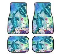Sea Turtle Car Floor Mats Set of 4,Ocean Creature Underwater Fish Seaweed Jellyfish Teal Vehicle Front Rear Carpets Mats Non-Slip Car Foot Rugs Auto Car Accessories Universal Fit for Car SUV Van Truck
