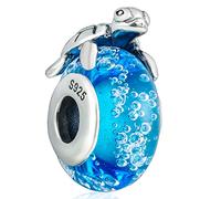 Sea Turtle Charm, 925 Sterling Silver Ocean Tortoise on Blue Bubble Murano Glass Beads, Fit Pandora Hawaii Summer Beach Bracelet, Gift for Valentines/Christmas/Grandma