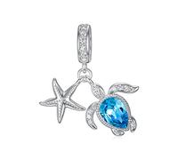 Sea Turtle Charm for Bracelet Sterling Silver Ocean Turtle and Starfish Dangle Charm Bead with Aquamarine Blue Crystal