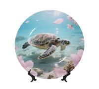 Sea Turtle Cherry Blossom Bone China Decorative Plate,10in（25cm） Ceramic Decorative Plates with Display Stand,Ceramic Ornaments Art Porcelain Plate for Home Office Wall Decor Collections Plates